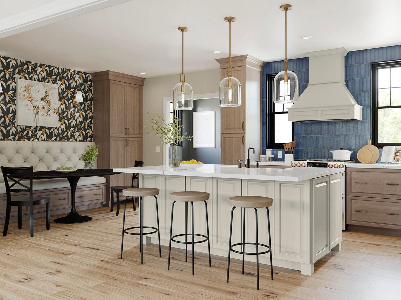 Kitchen with light maple cabinetry, a painted island with bar seating, and a blue tile backsplash